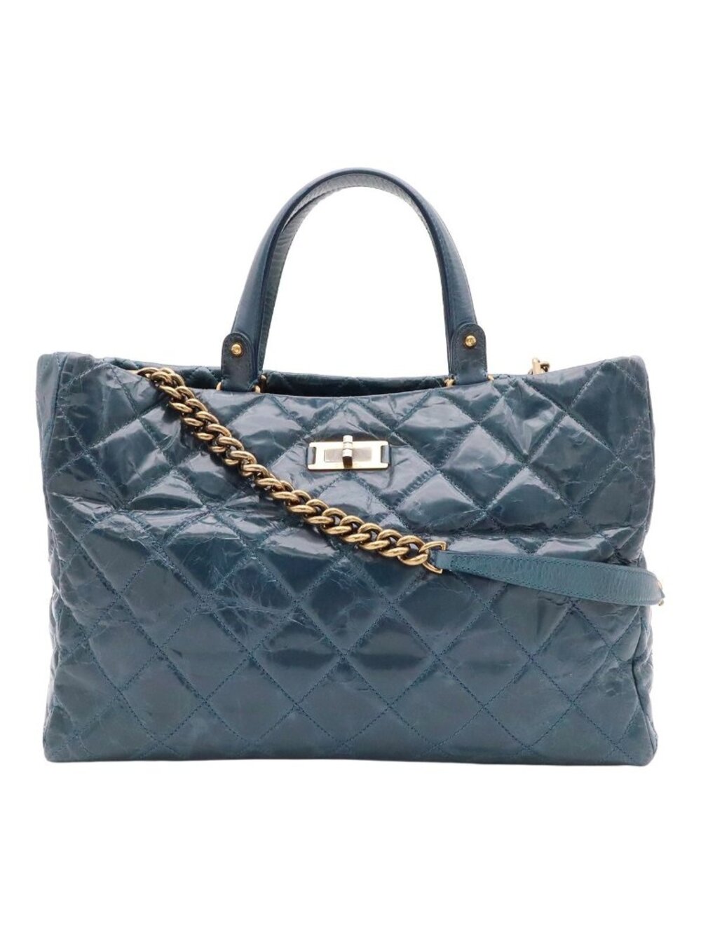 Chanel 2.55 Tote 2-Way Chain Shoulder Bag Turnlock Leather Peacock Blue Gold